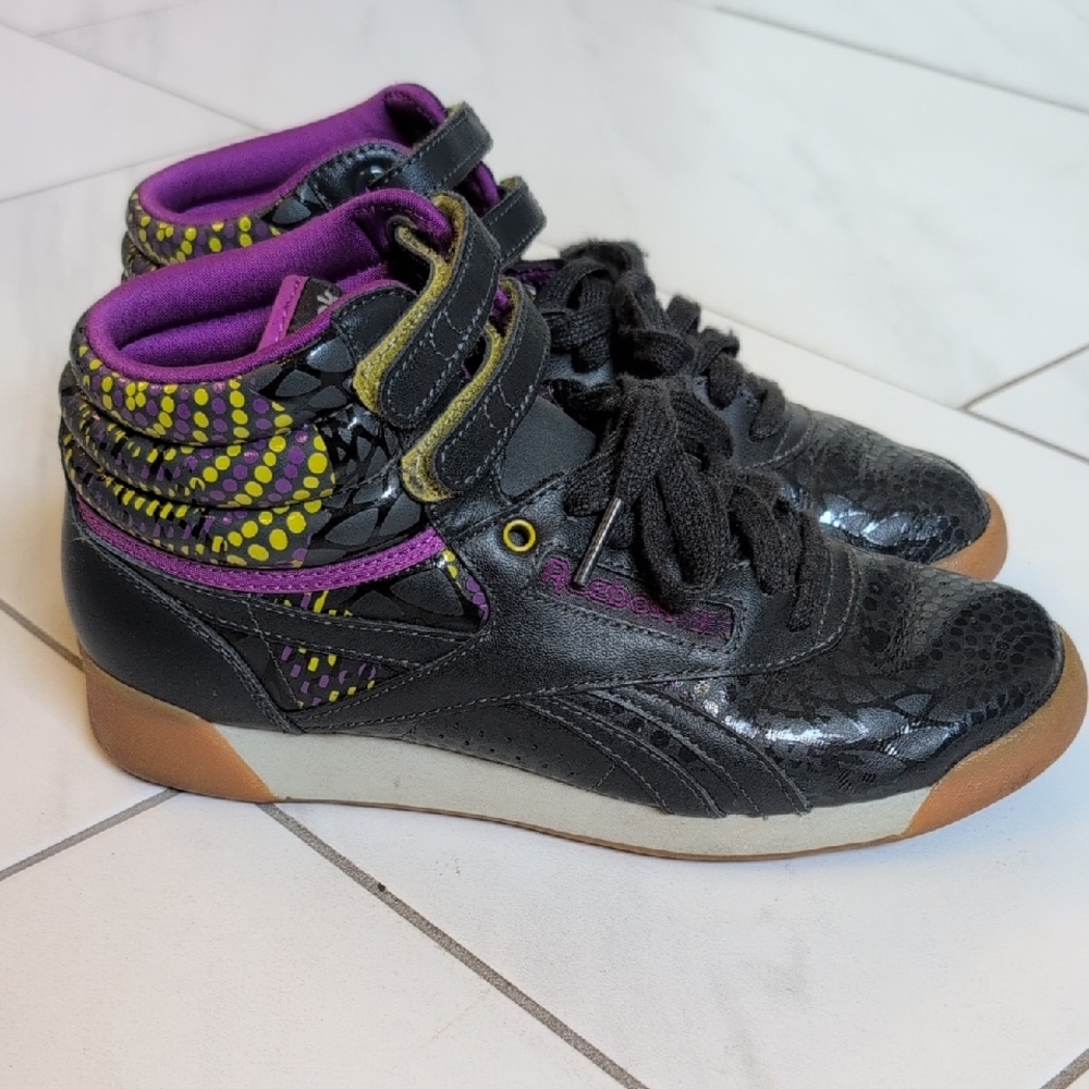 Reebok Black and Purple High-Top Sneakers with Glossy Finish